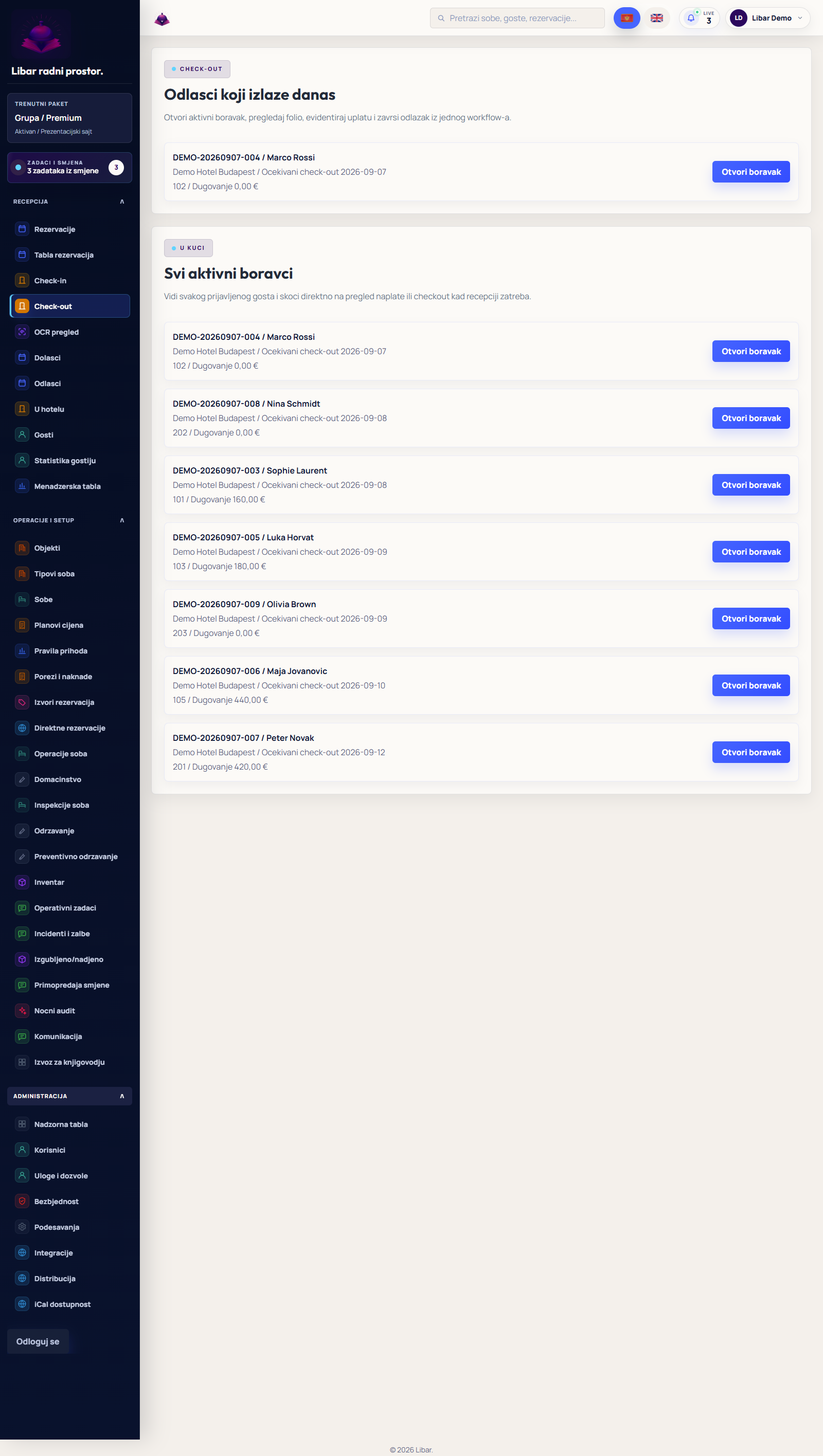 Libar demo — Odjava i naplata
