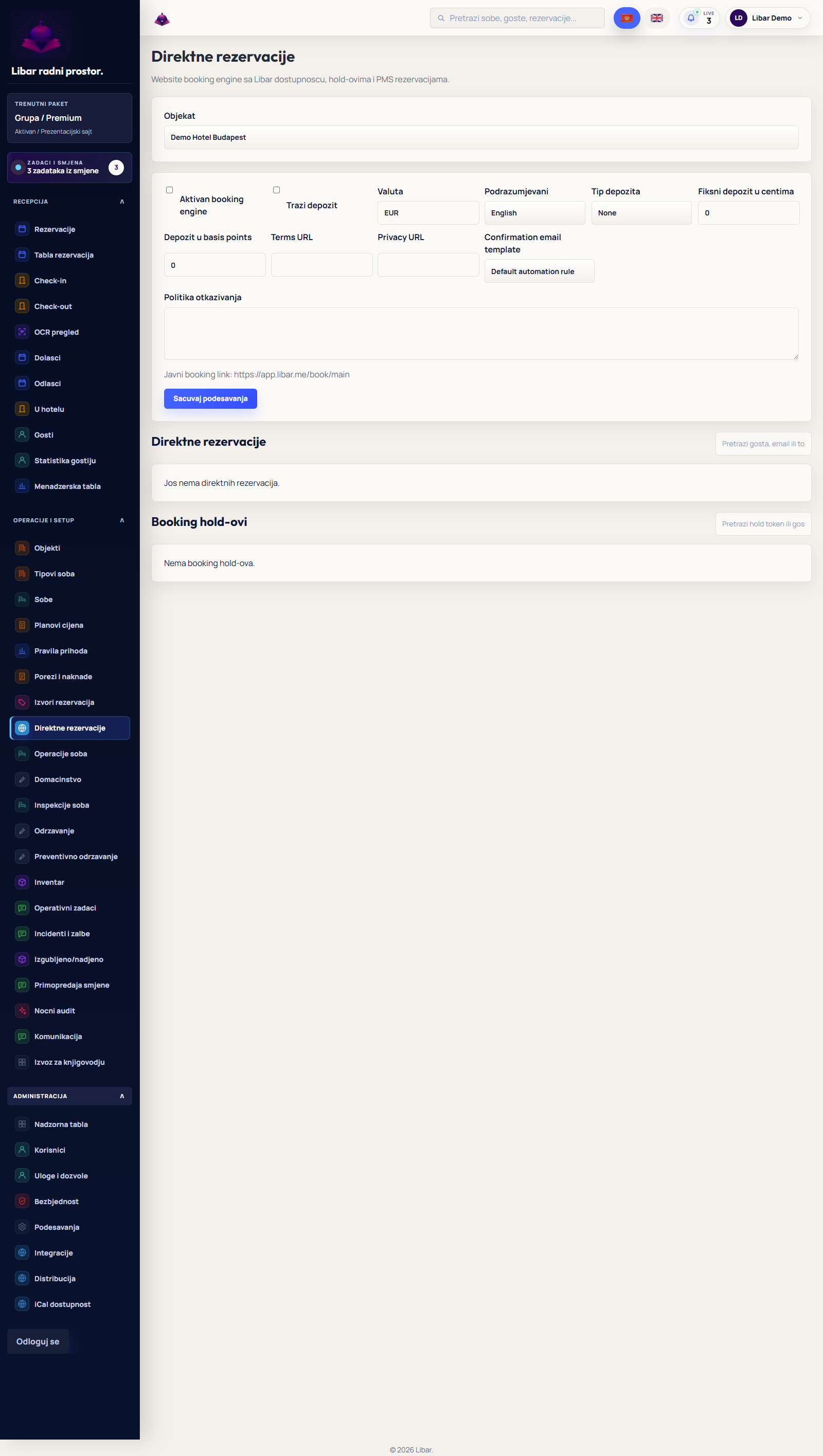 Libar demo — Direktne rezervacije