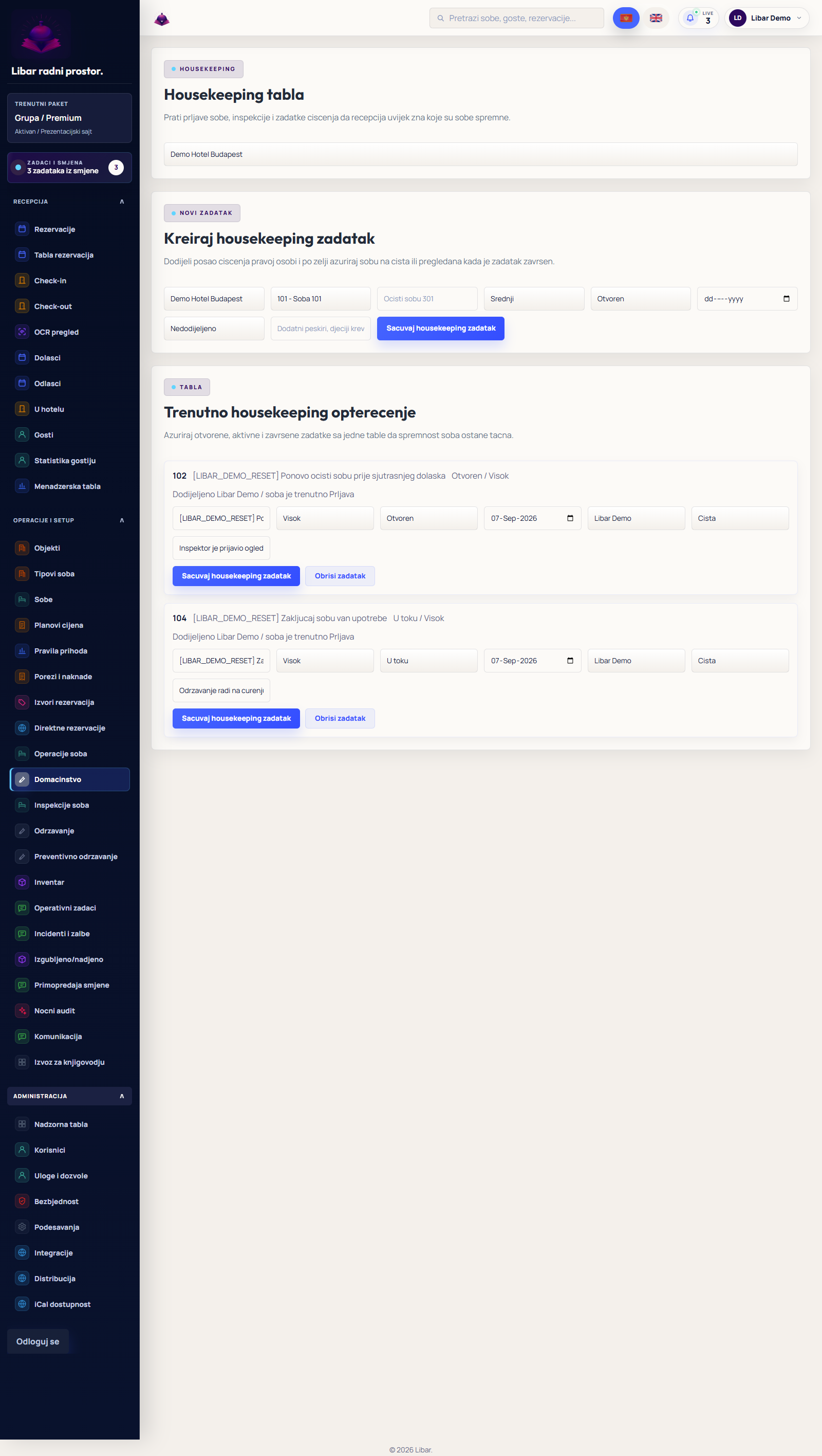 Libar demo — Sobe i housekeeping